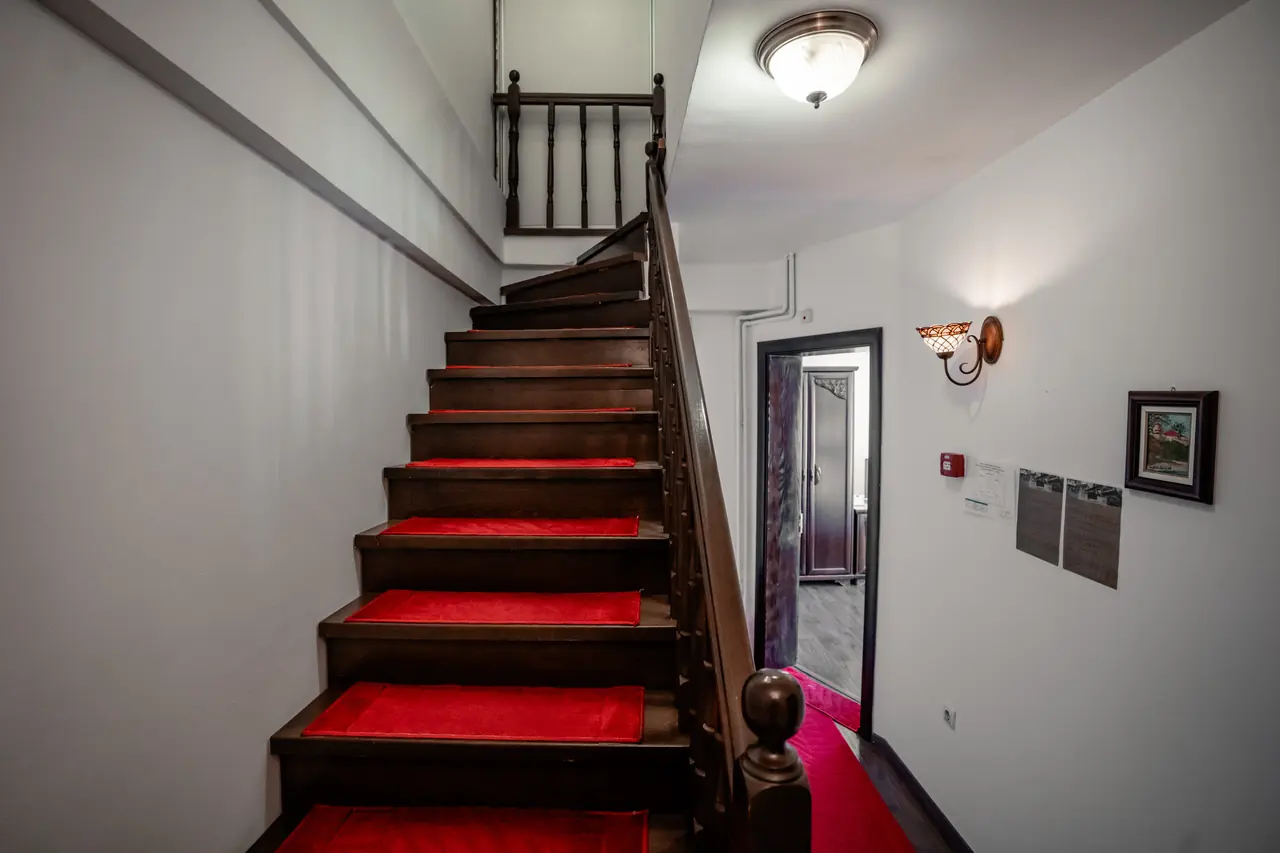 Staircase with red carpet and wooden banister