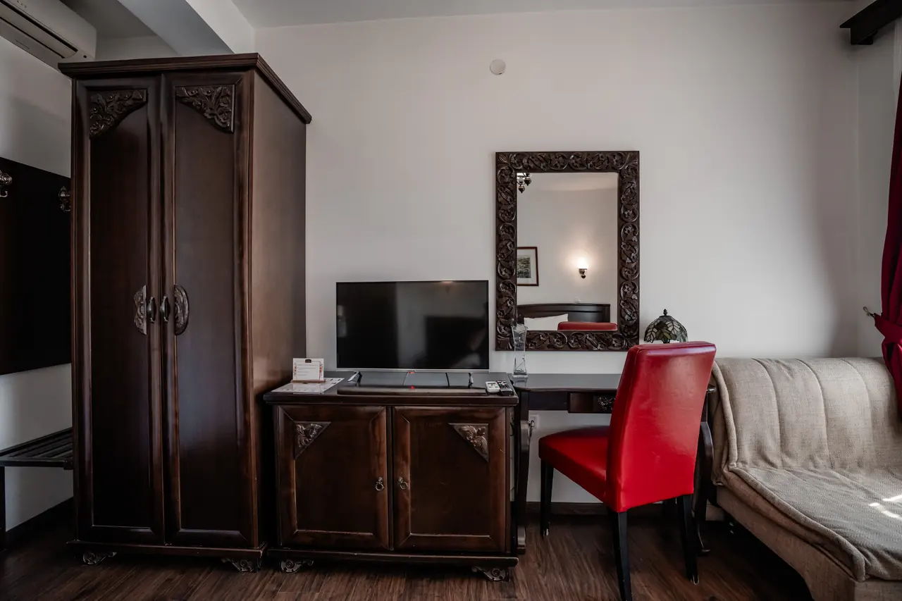 Wardrobe, desk, TV and sofa